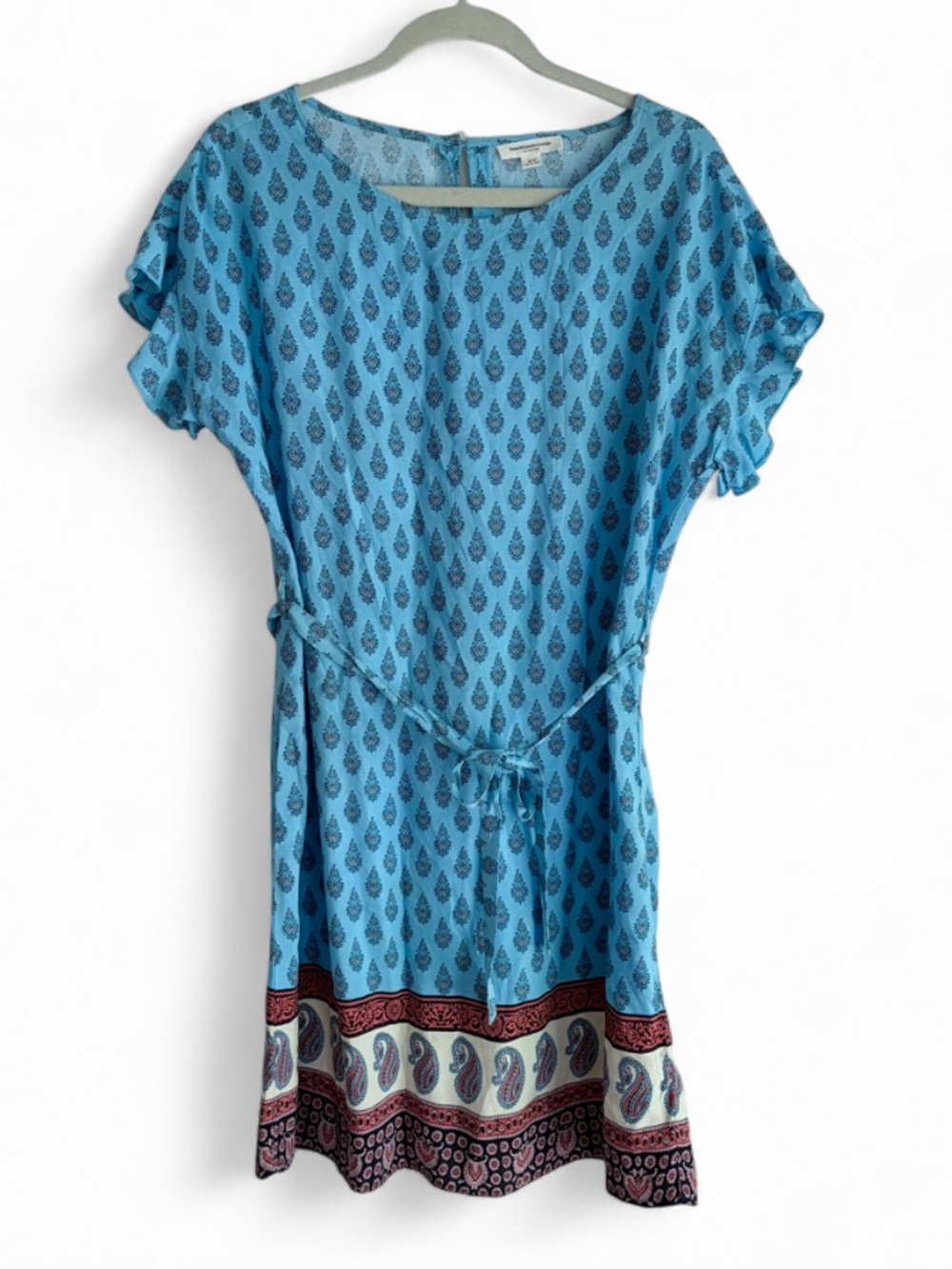 BeachLunchLounge Blue Print Short Ruffle Sleeve Belted Mini Dress Size S